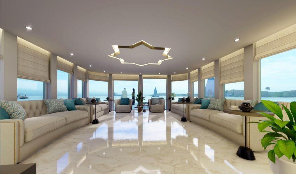 Luxury yacht interior lounge overlooking the water